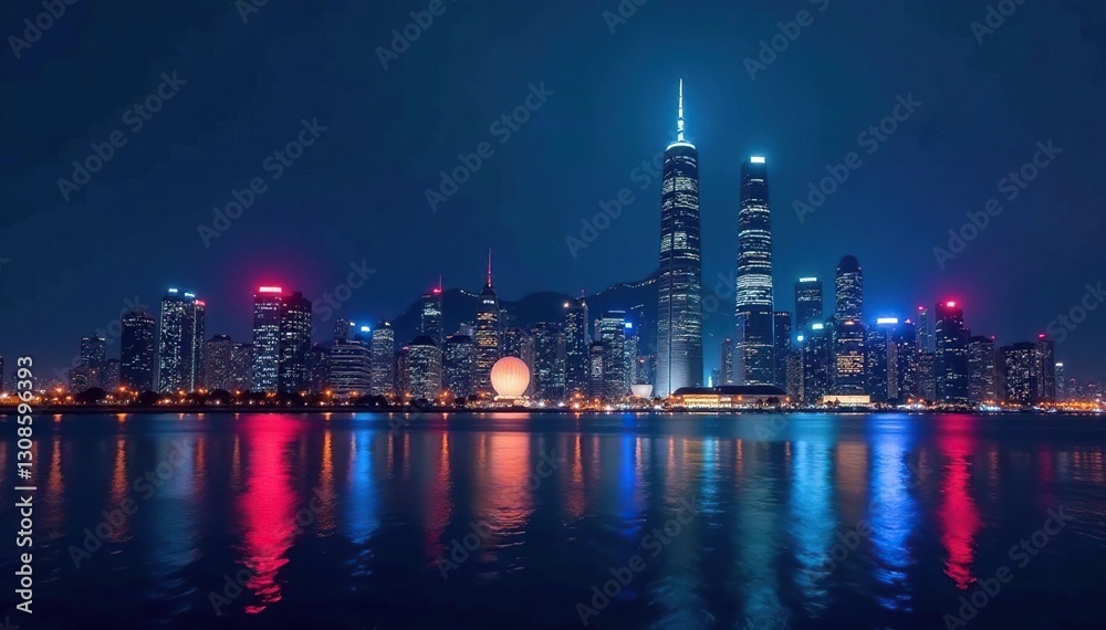 Fototapeta premium Night cityscape, illuminated skyscrapers reflecting in water, America, city lights