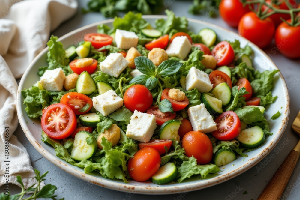 A Delicious Fresh Salad Plated With Tomatoes Cheese and Cucumber