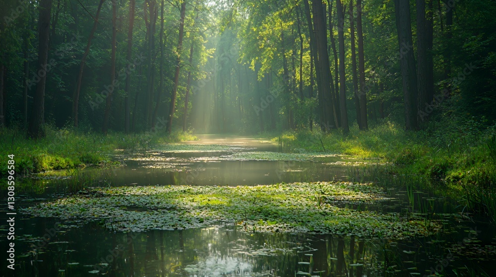 Obraz premium Sunlit Path Through Lush Green Forest with Calm River