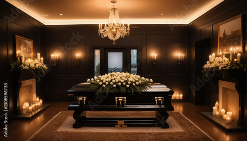 Elegant funeral home interior with a casket adorned with flowers and soft candlelight
