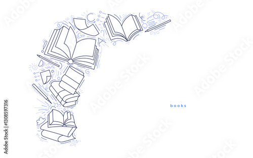 Open books. Vector line art design. Study stack