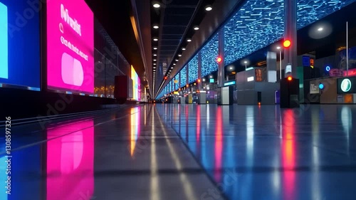 Vibrant airport terminal at night showcasing illuminated advertisements and modern architecture