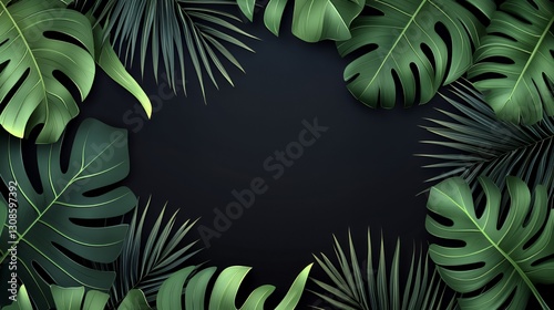 Lush Green Tropical Leaves Frame on Dark Background