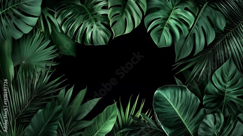 Lush Green Tropical Leaves Frame on Dark Background