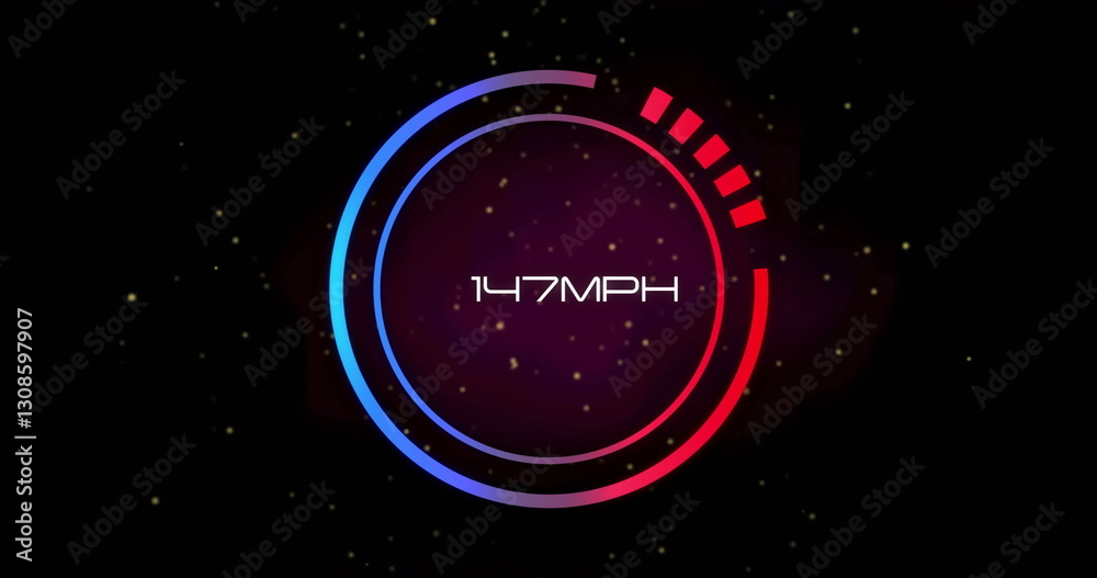 Image of speedometer with growing number over light spots on black background Image of speedometer with growing number over light spots on black background