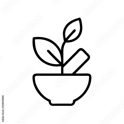 Minimalist herbal medicine icon with mortar, pestle, and leaves