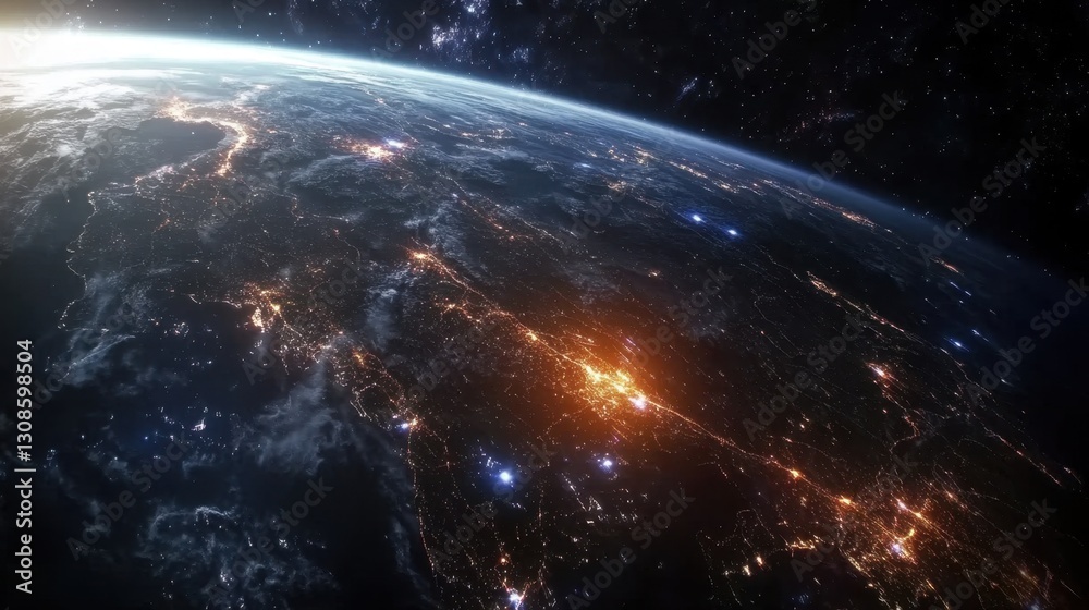 Obraz premium Stunning space view of Earth, illuminated continents and bright data streams linking global cities