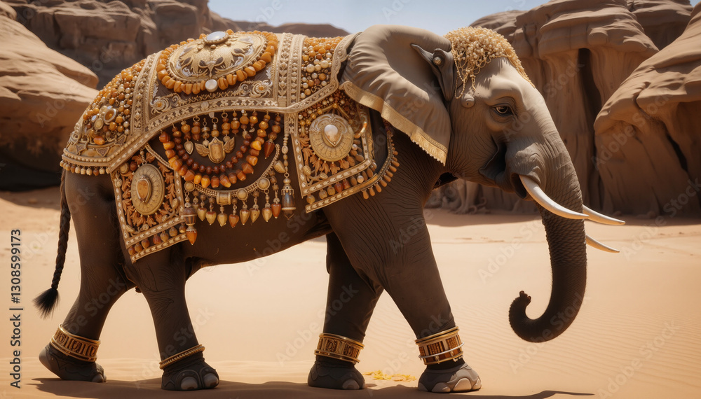 Fototapeta premium Decorated elephant walking in a sandy desert with intricate embellishments and jewelry
