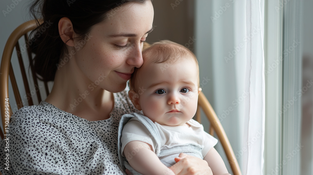a mother tenderly holding her baby in a loving embrace near the window, sharing a special moment a mother tenderly holding her baby in a loving embrace near the window, sharing a special moment