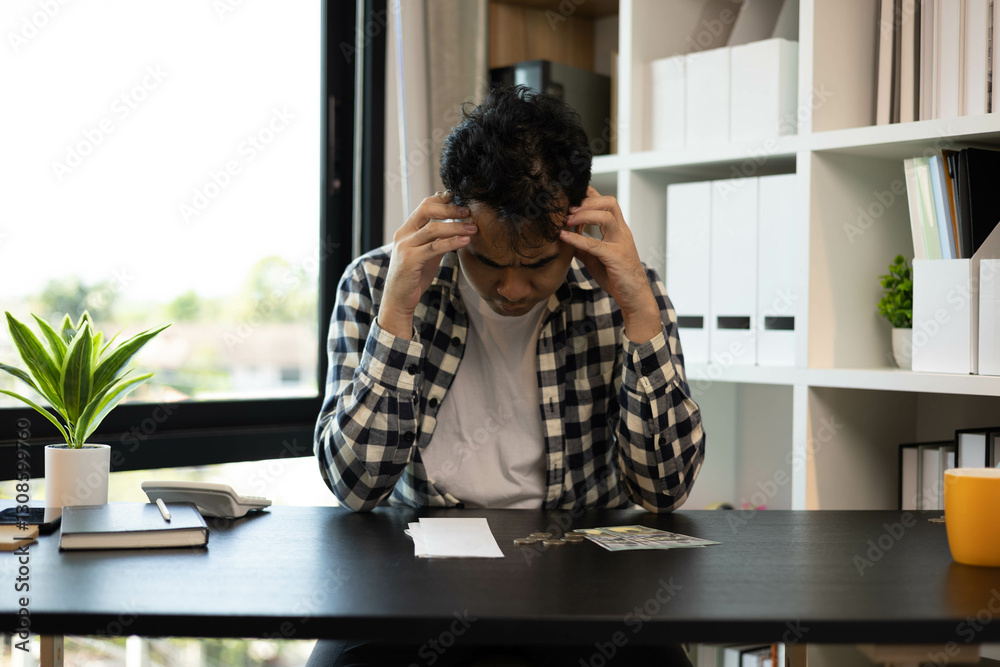 A man is calculating the money in his account, his bills and his savings on the table.
A man is calculating the money in his account, his bills and his savings on the table.