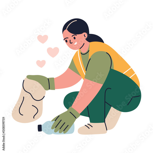 Vector illustration of volunteer woman collecting trash in nature, picking up plastic bottle, holding garbage bag. Environmental care, waste management, sustainability, Earth Day, and green initiative
