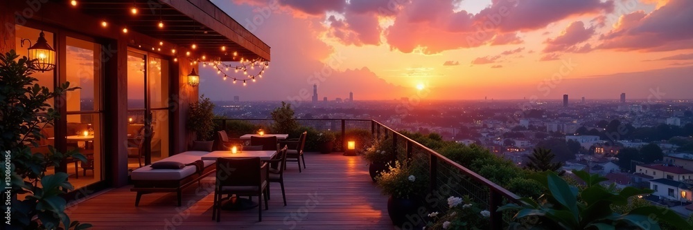 Rooftop patio at sunset; twinkling lights create magical atmosphere, patio, holiday, view Rooftop patio at sunset; twinkling lights create magical atmosphere, patio, holiday, view