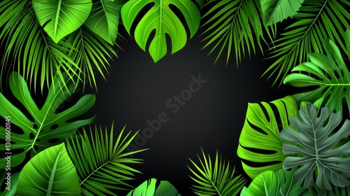 Lush Green Tropical Leaves Frame on Dark Background