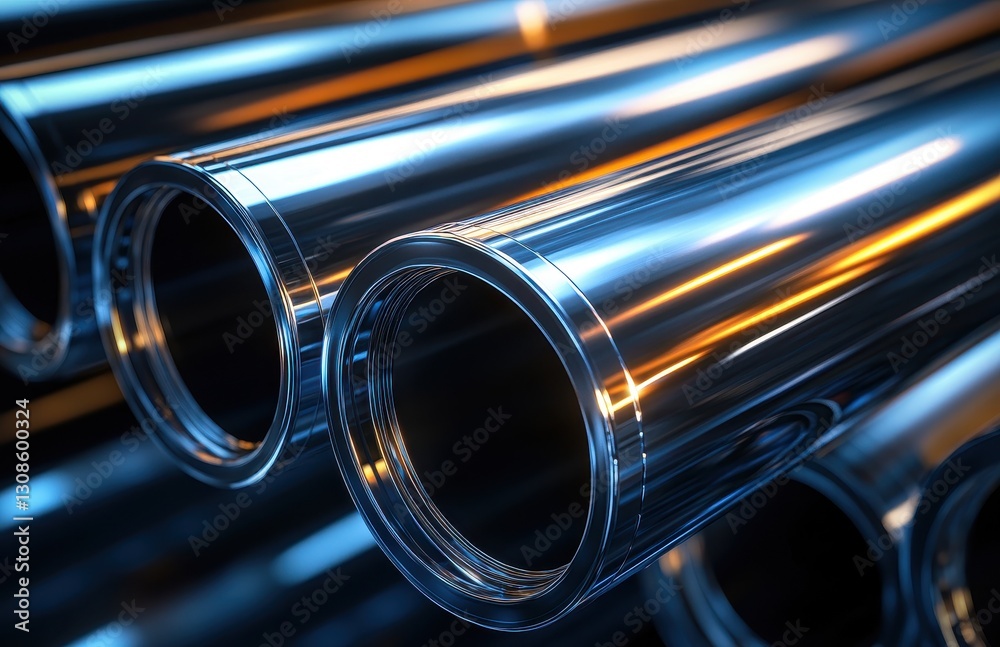 Naklejka premium High-Resolution Macro Shot of Glimmering Metallic Tubes with Reflective Surface in a Dynamic Arrangement