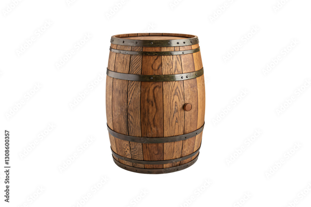 A single whiskey or wine barrel, upright, showcasing detailed wood grain and metal rings. A small wooden plug is visible, hinting at aged craftsmanship, isolated on a transparent background A single whiskey or wine barrel, upright, showcasing detailed wood grain and metal rings. A small wooden plug is visible, hinting at aged craftsmanship, isolated on a transparent background