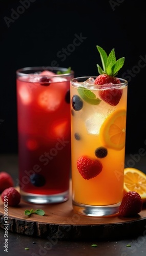 Wallpaper Mural Colorful fruit infused gin & tonics, black backdrop, blue, ice cubes, alcohol Torontodigital.ca