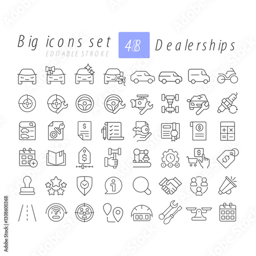 Dealerships linear icons set. Warranty protection, license documentation. Car maintenance, vehicle repair. Customizable thin line symbols. Isolated vector outline illustrations. Editable stroke