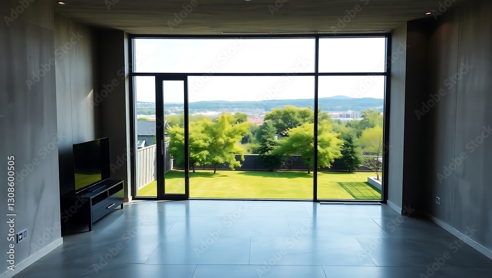 Fototapeta premium Modern Apartment Interior with Concrete Walls and Panoramic Yard View | Generative AI