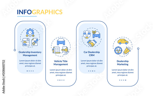 Dealer management rectangle infographic vector. Customer service, marketing. Inventory control. Data visualization with 4 steps. Editable rectangular options chart. Lato-Bold, Regular fonts used