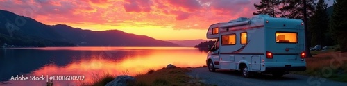 RV parked lakeside, sunset hues reflecting on water, pictures, journey