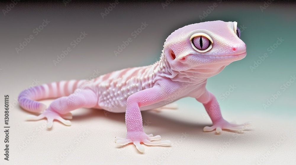 Naklejka premium A unique pink gecko with striking features and a smooth texture, poised on a light surface, showcasing its vibrant coloration and intricate patterns.