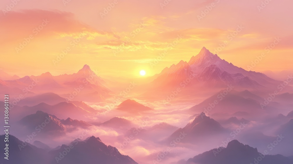 Obraz premium A serene mountain sunrise with golden rays illuminating the peaks, misty valleys below, and a soft pink and orange sky in the distance