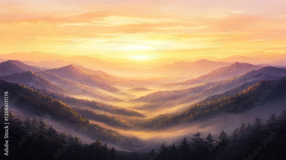 A serene mountain sunrise with golden rays illuminating the peaks, misty valleys below, and a soft pink and orange sky in the distance A serene mountain sunrise with golden rays illuminating the peaks, misty valleys below, and a soft pink and orange sky in the distance