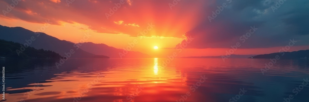 Blazing sunrise casting long shadows on the tranquil water's surface , wave, horizon Blazing sunrise casting long shadows on the tranquil water's surface , wave, horizon