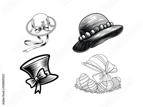 Easter Bonnet Line Art | Elegant Vintage Hat Illustration | Spring Festival Clipart 