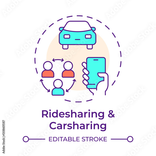 Ridesharing and carsharing multi color concept icon. Reduce vehicle ownership. Sharing economy model. Round shape line illustration. Abstract idea. Graphic design. Easy to use in presentation