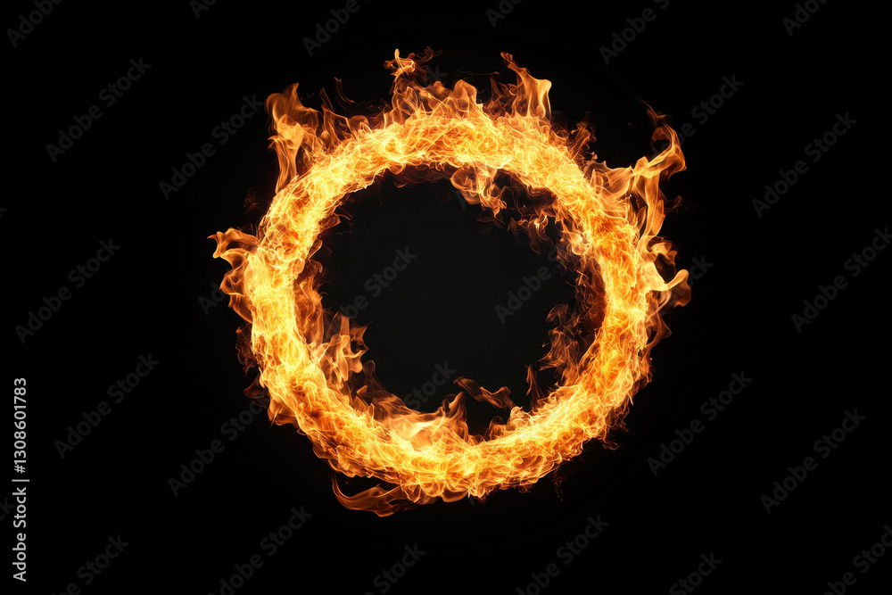 Fototapeta premium Fiery glowing ring of burning flames against a solid black background