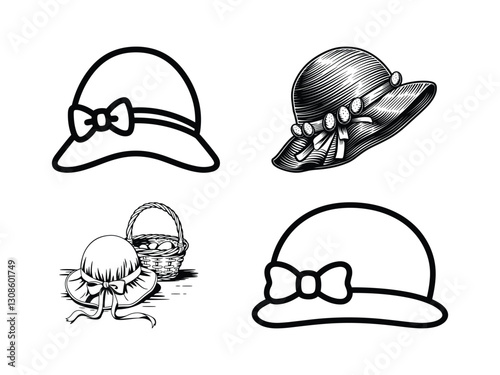Easter Bonnet Line Art | Elegant Vintage Hat Illustration | Spring Festival Clipart 