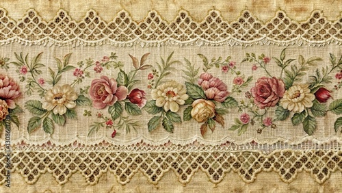 Vintage floral lace trim on antique fabric with intricate designs and patterns, floral, vintage, floral,vintage,greenery,specialty