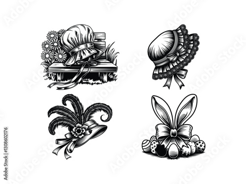 Easter Bonnet Line Art | Elegant Vintage Hat Illustration | Spring Festival Clipart 
