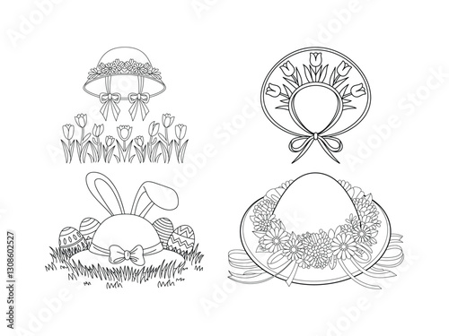 Easter Bonnet Line Art | Elegant Vintage Hat Illustration | Spring Festival Clipart 