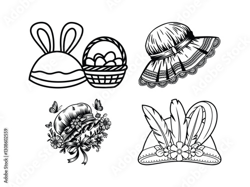 Easter Bonnet Line Art | Elegant Vintage Hat Illustration | Spring Festival Clipart 