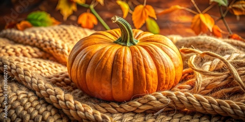 Wallpaper Mural Autumnal Still Life A Vibrant Pumpkin Rests on a Soft Knitted Throw, Adorned with Autumn Leaves Torontodigital.ca
