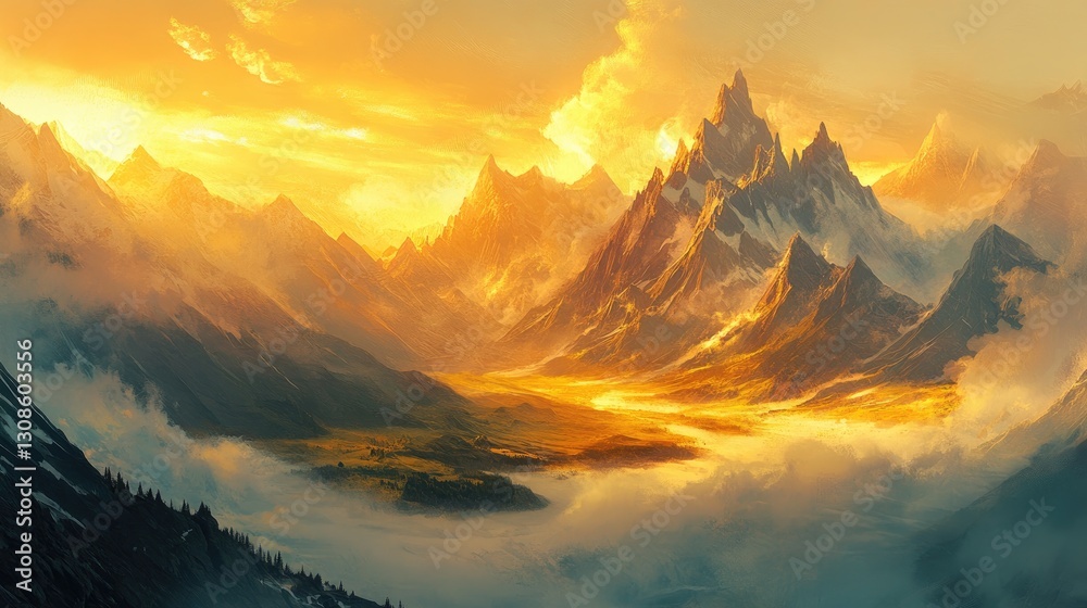 Obraz premium A calming sunrise over a mountainous landscape, with warm golden light illuminating the peaks and gentle mist curling through the valleys