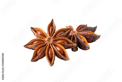 Two star anise pods, beautifully arranged, revealing rich brown tones, symmetrical pointed petals, and glossy seeds, isolated on a transparent background