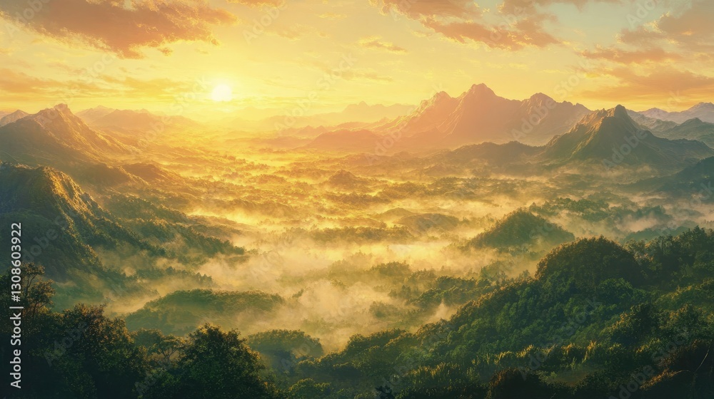 Obraz premium A golden sunrise illuminating a serene mountain range, with thick mist weaving through the valleys and pastel skies above
