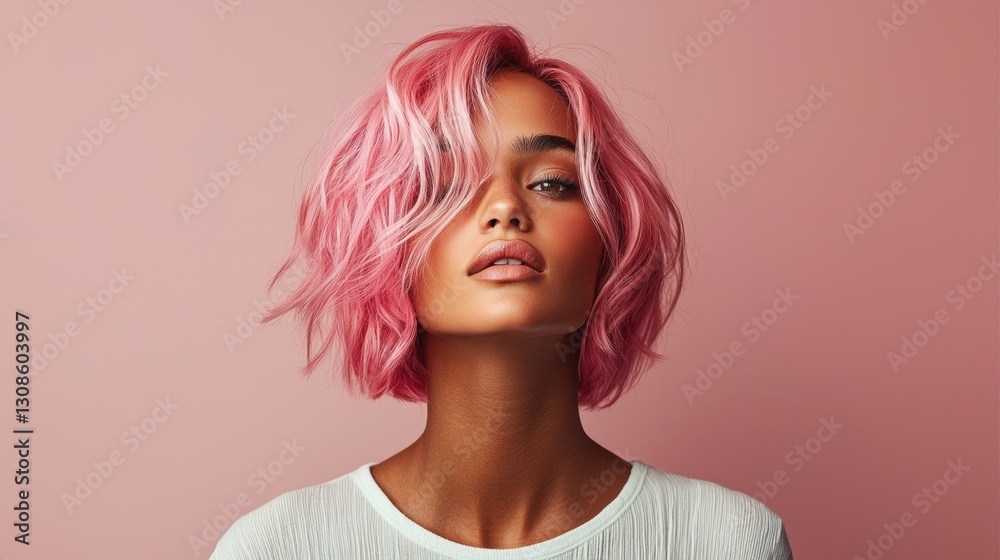 Vibrant pink hair transformation studio portrait beauty close-up style Vibrant pink hair transformation studio portrait beauty close-up style