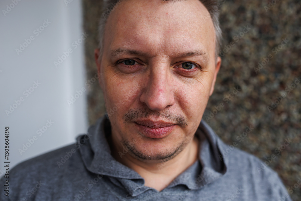 Portrait of a cheerful middle-aged man wearing a gray hoodie, standing against a textured stone wall in natural light. Portrait of a cheerful middle-aged man wearing a gray hoodie, standing against a textured stone wall in natural light.