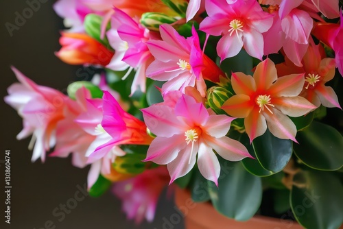 Fototapeta Naklejka Na Ścianę i Meble -  A detailed image of Schlumbergera flowers in a flowerpot, focusing on the intricate petals and bright colors of the blossoms.