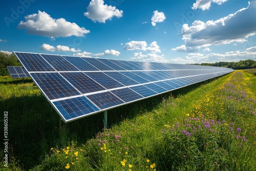 Solar panels farm under a bright blue sky surrounded by green meadows