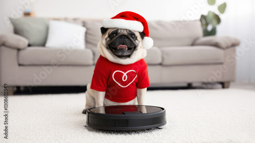 A Pug dog wearing a Santa Claus hat near a robot vacuum cleaner. Christmas and New Year's Eve preparation concept photo