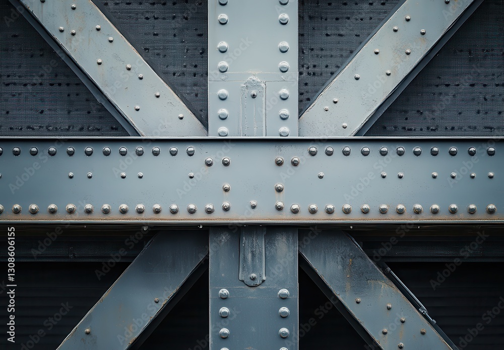 Fototapeta premium Industrial Steel Structure with Rivets and Crossbeams in Urban Environment, Textured Surface, Gritty Aesthetic with Rust and Wear Patterns