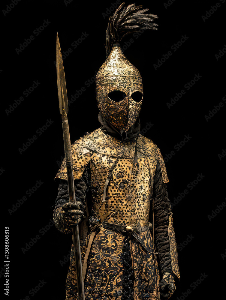 Fototapeta premium Regal Warrior: Intricate details of a historical warrior, exuding strength and authority in a captivating portrait, showcasing the craftsmanship of battle attire.