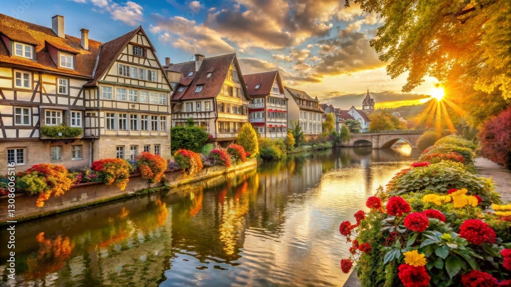 Naklejka premium Golden Hour Reflection on a Picturesque Canal with Vibrant Autumnal Flowers and Historic Architecture