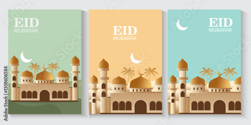 greeting cards banner Ramadan and Eid background with copy space,Eid Al-Fitr Mubarak, Ramadan Kareem slamic Style night Background Collection Set with green,blue,purple,yellow color Arabic Ornaments