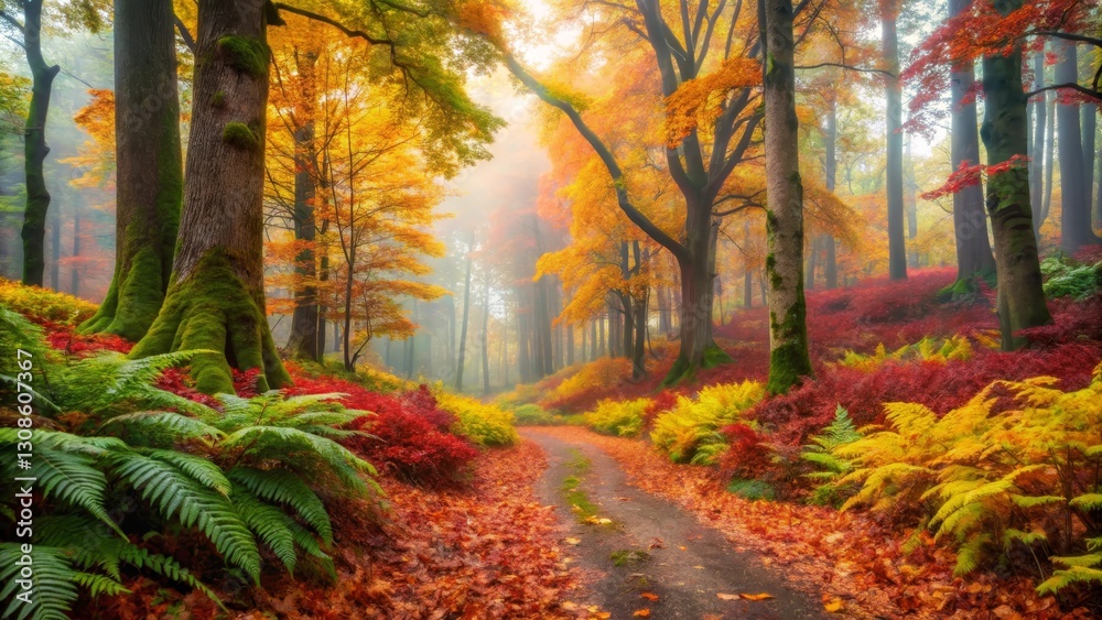 Obraz premium Autumnal Pathway Through a Misty Forest of Vibrant Hues and Lush Ferns